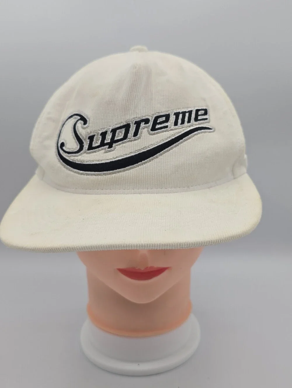 Supreme Cursive Logo White 5 Panel Corduroy Adjustable Snapback Hat